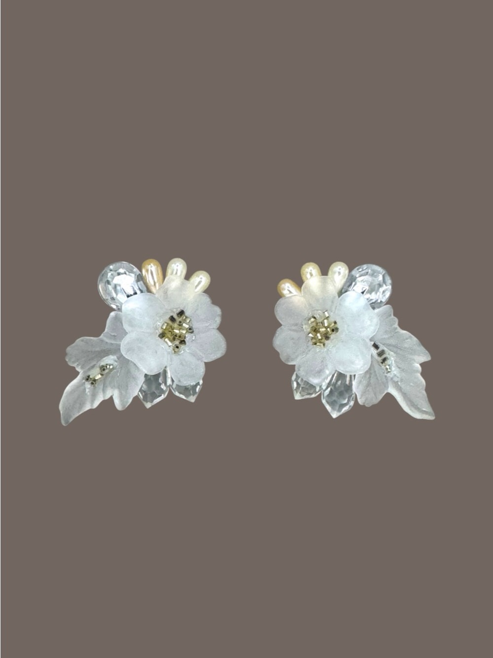 Vintage White Floral Clip-On Earrings | Faux Pearl Crystal Statement Earrings |